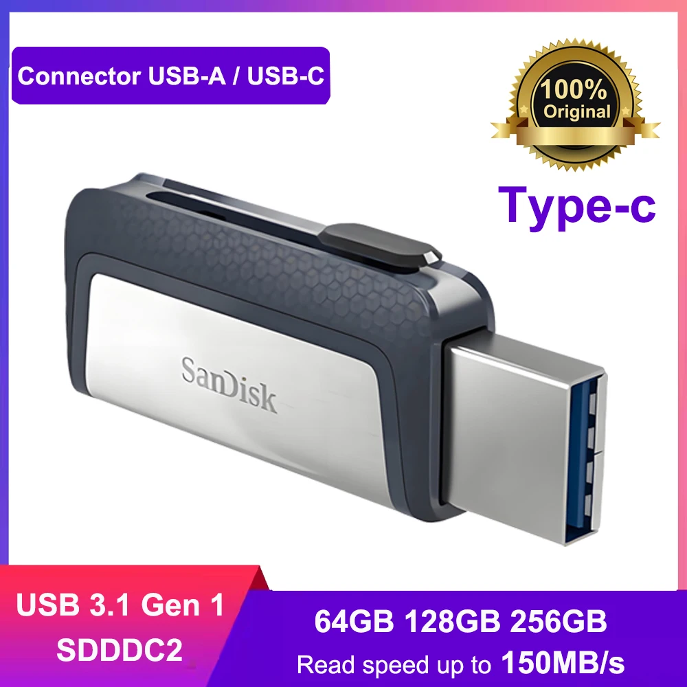 SanDisk SDDDC2 Ultra Dual Drive USB Type-C 64GB/128GB/256GB High-speed USB 3.1 performance of up to 150MB/s For Smartphones/PC