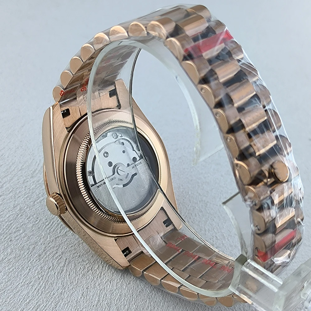 Miyota 8285 Men's Mechanical Watch No Logo Rose Gold Case Roman Numerals Automatic Series Customizable Logo