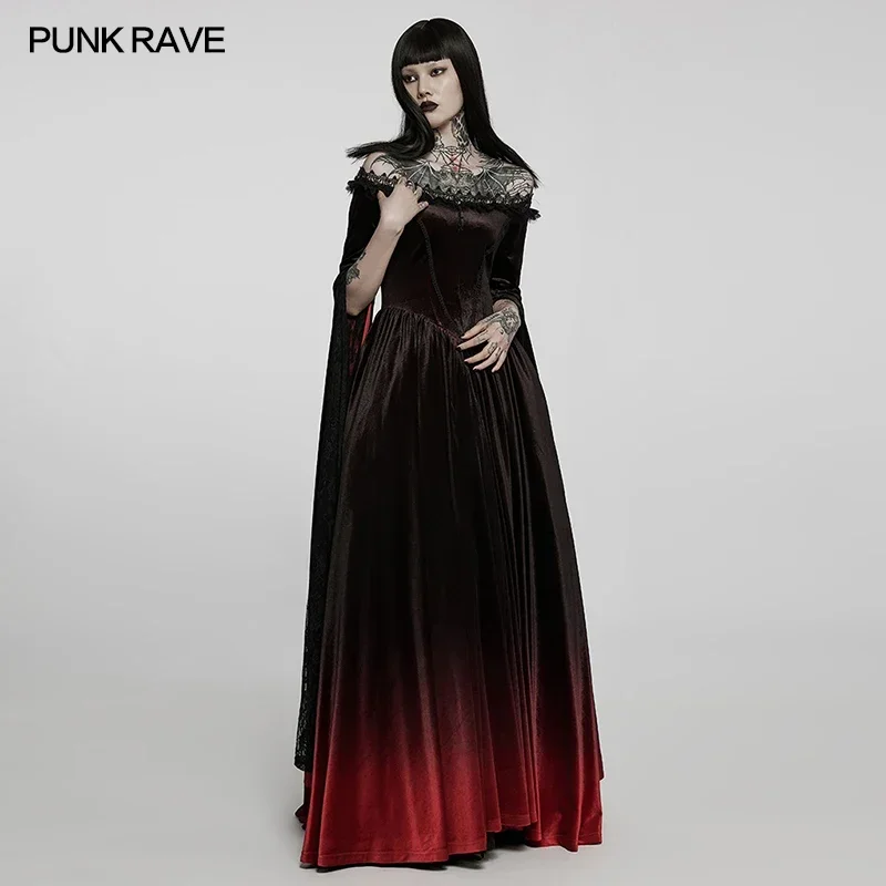 PUNK RAVE Women\'s Gothic Gradient Velvet Nobility Long Gown Off Shoulder Dreamy Distinctive Split Sleeves Party Club Dress