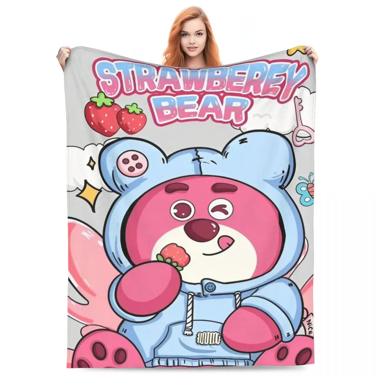 Strawberry Bear Miniso Flannel Blankets Warm Soft Throw Blanket for Living Room Travel Office Street Bedspread Sofa Bed Cover