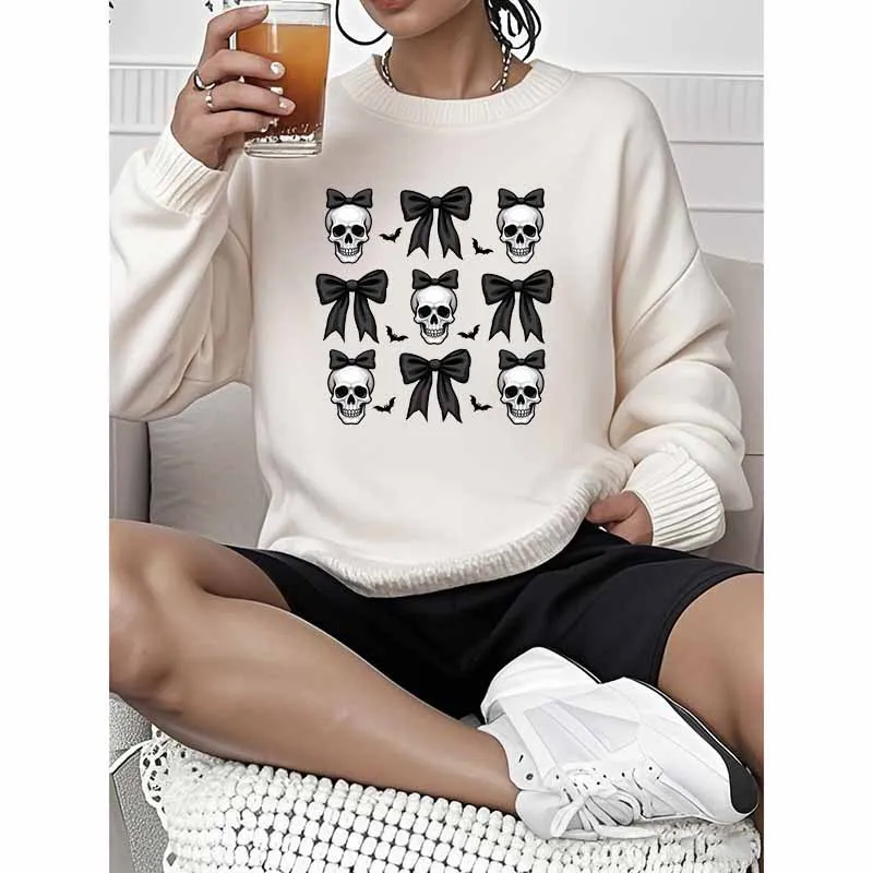 جديد الأكثر مبيعا جولة الرقبة الصوف هوديي مع القوس الجمجمة طباعة هو بلوزة دافئة عصرية وعصرية بلوزات الجمالية