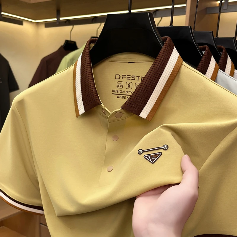 Luxury brand men's polo shirt short sleeve summer fashion triangle badge embossed casual new striped color blocked lapel T-shirt