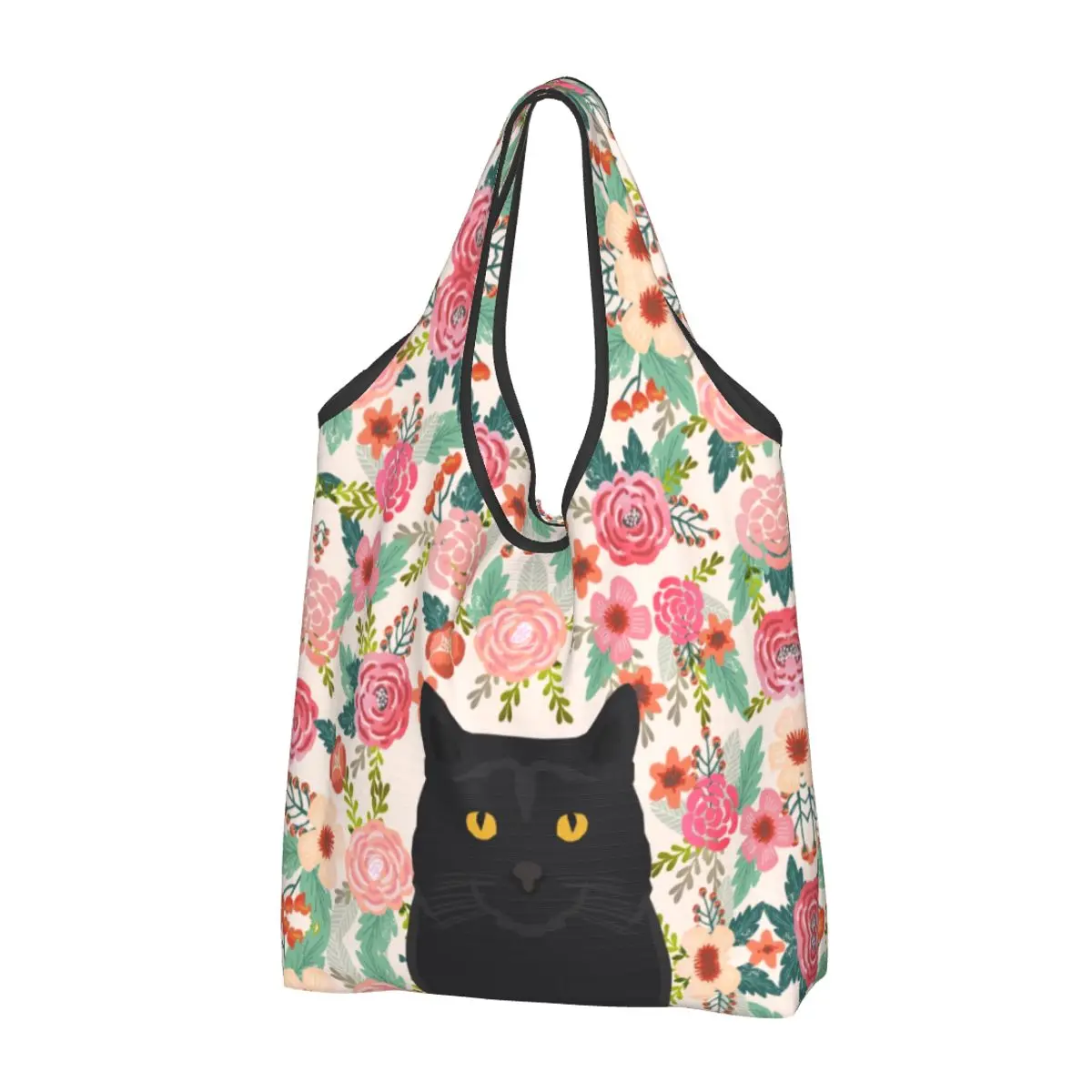 Custom Recycling Black Cat Breed Floral Pattern Shopping Bag  Tote Bag Portable Background Pet Kitten Gifts Grocery Shopper Bags