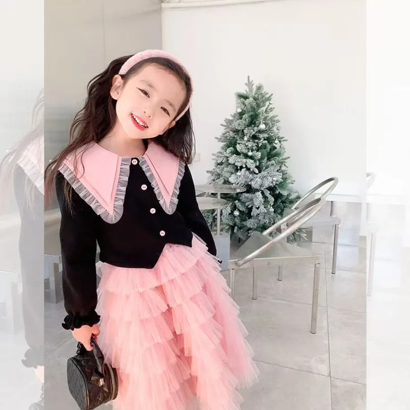 

New Girls Tweed Sets Kids Long Sleeves Princess Top and Skirt Birthday Designed Uniform LuxuryParty Winter Autumn Cloth 2-9T