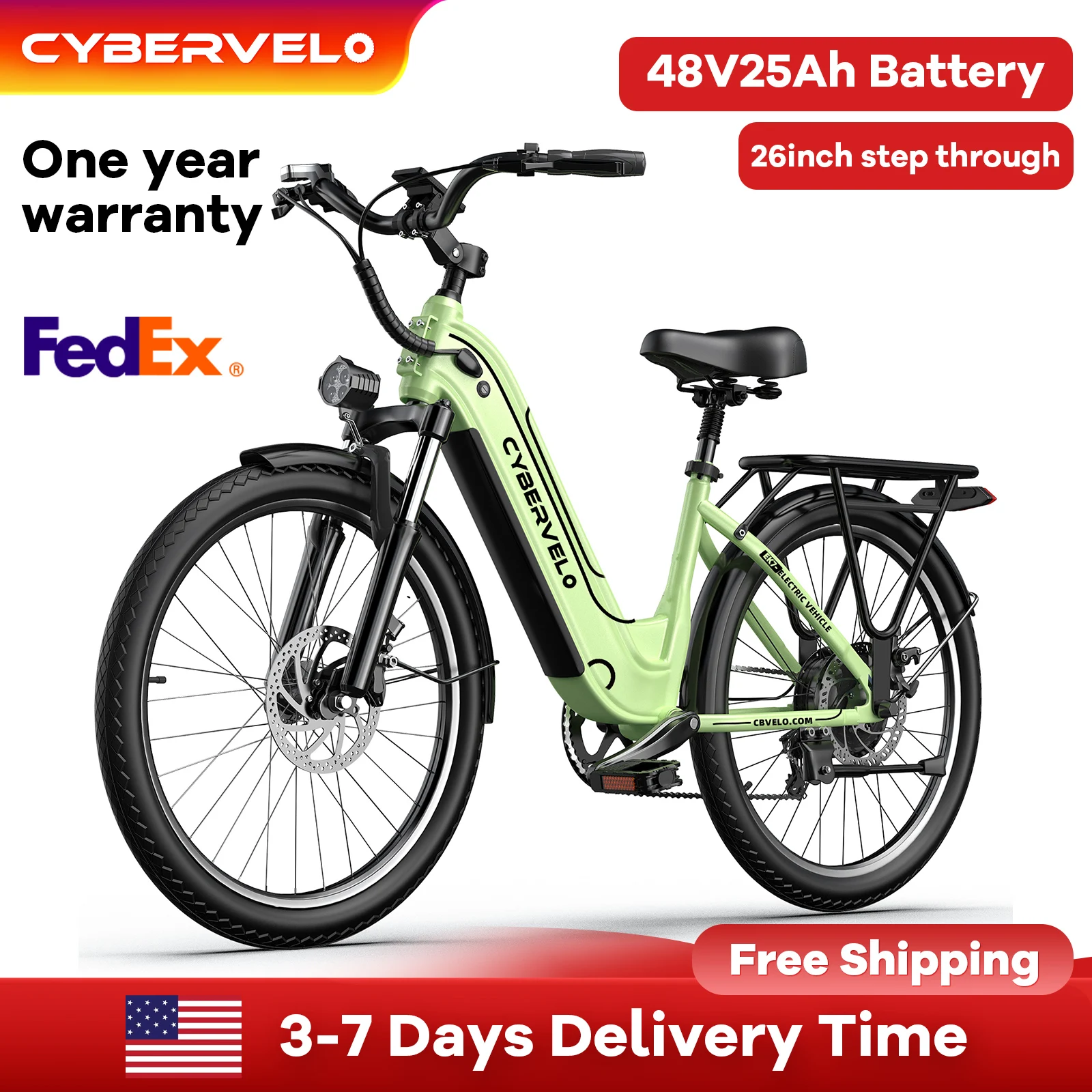 

Cybervelo EK7 26inch electric bicycle for adult , peak 1000W motor ,48V 25Ah battery removeable, shimano 7 speed road bike
