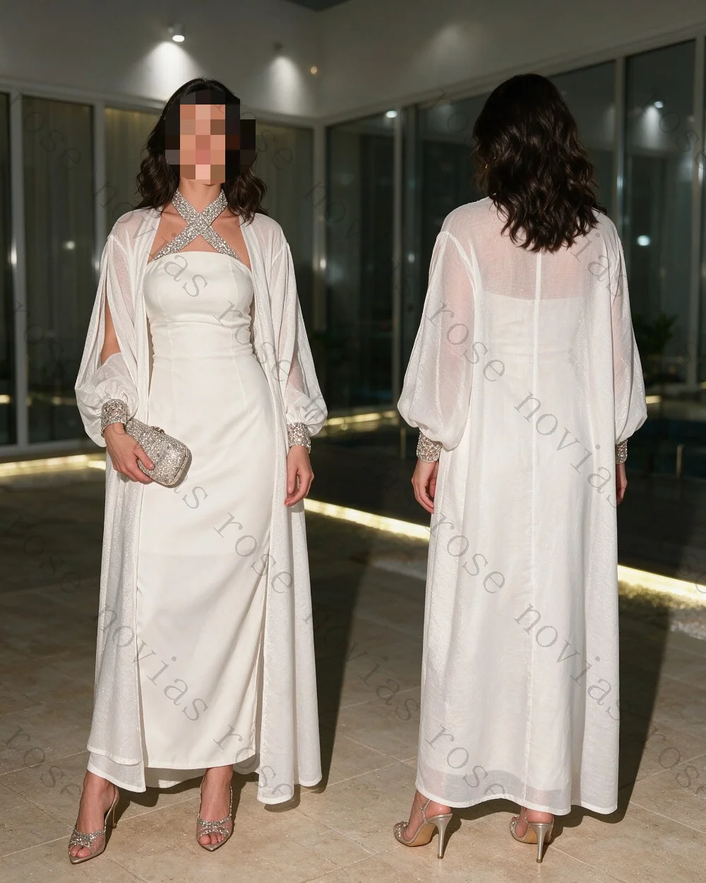 Customized Luxury Rhinestone Halter Long Sleeved Evening Gown 2026 Chiffon Women's Backless Ball Gown Suitable for The Beach