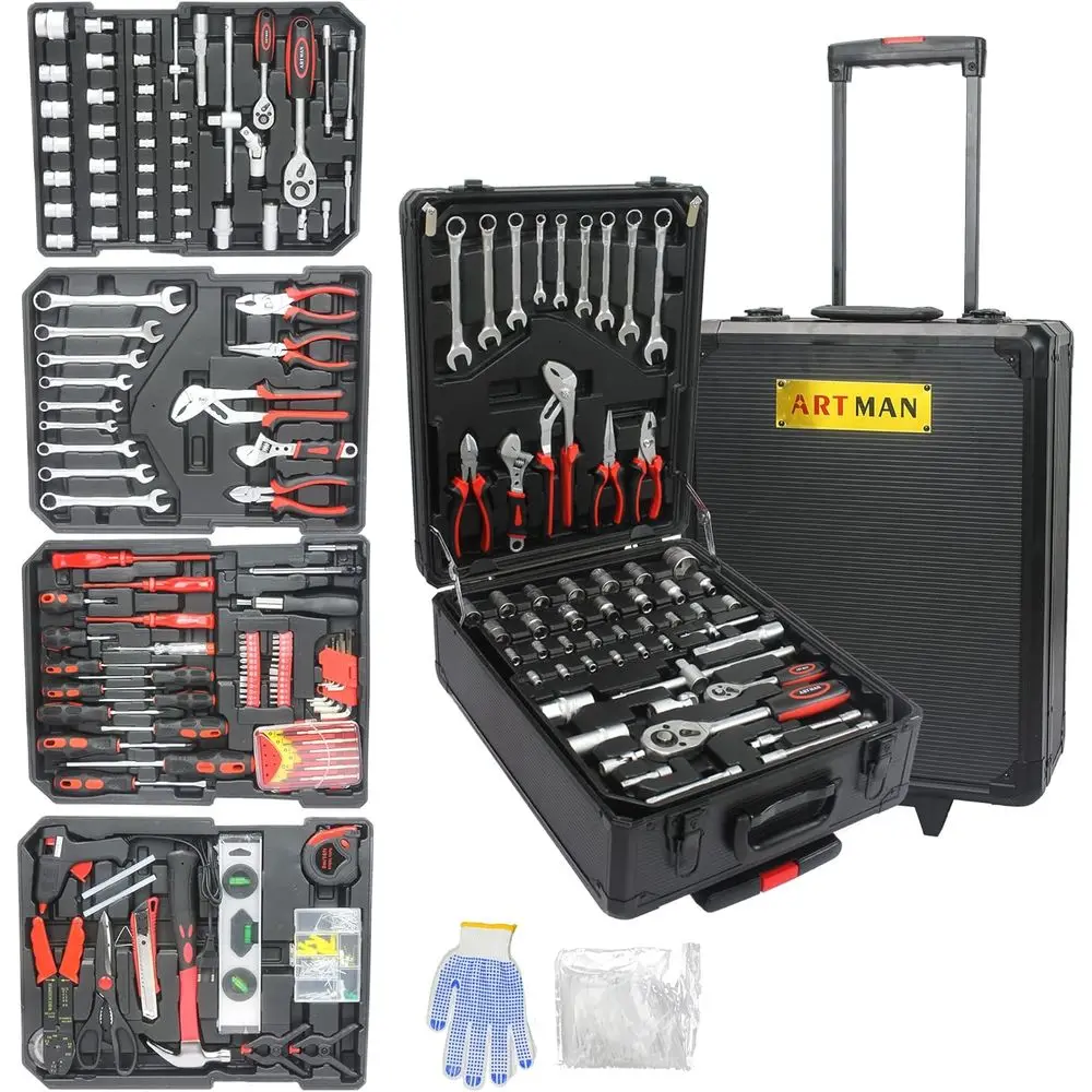

Complete 899-Piece Household Tool Kit with Rolling Storage Box for Home and Auto Repairs, Black