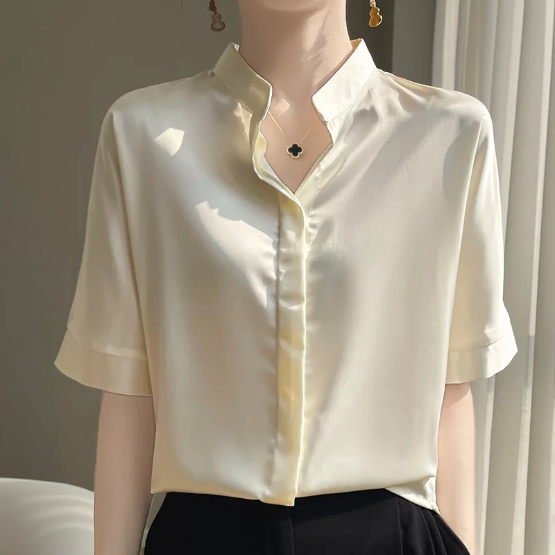 Elegant Women's Satin Shirts Half Sleeve Solid Blouse Artificial Silk Stand Collar Tee Covered Button Breathable Casual Thin Top