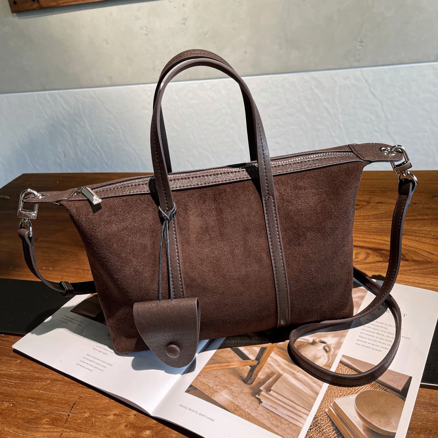Women Suede Cowhide Tote Bag Luxury Designer Brand Female Large Capacity Commuter Handbag Genuine Leather Shoulder Crossbody Bag