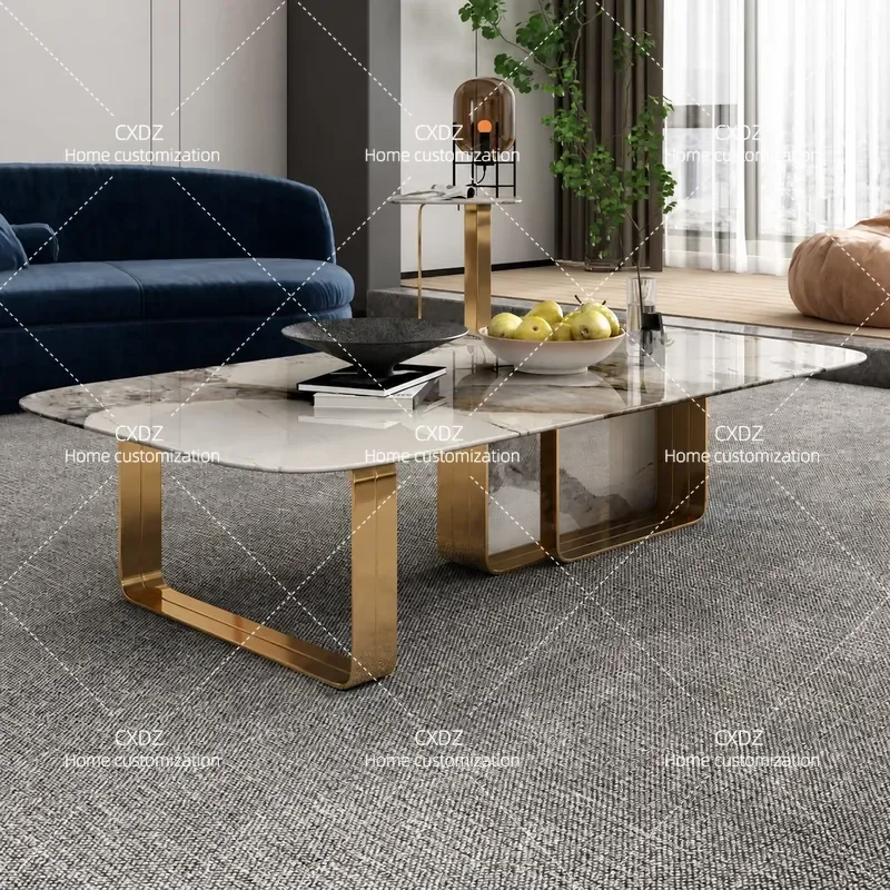 Luxury Rectangular Rock Slab Coffee Table and TV Cabinet Combination Bright Surface Stone Household Furniture with Titanium