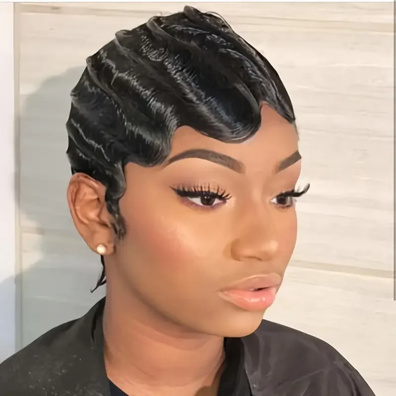 짧은 레이어드 픽시컷 인모 풀머신 메이드 가발 앞머리 포함 내추럴 블랙 컬러 여름 가발