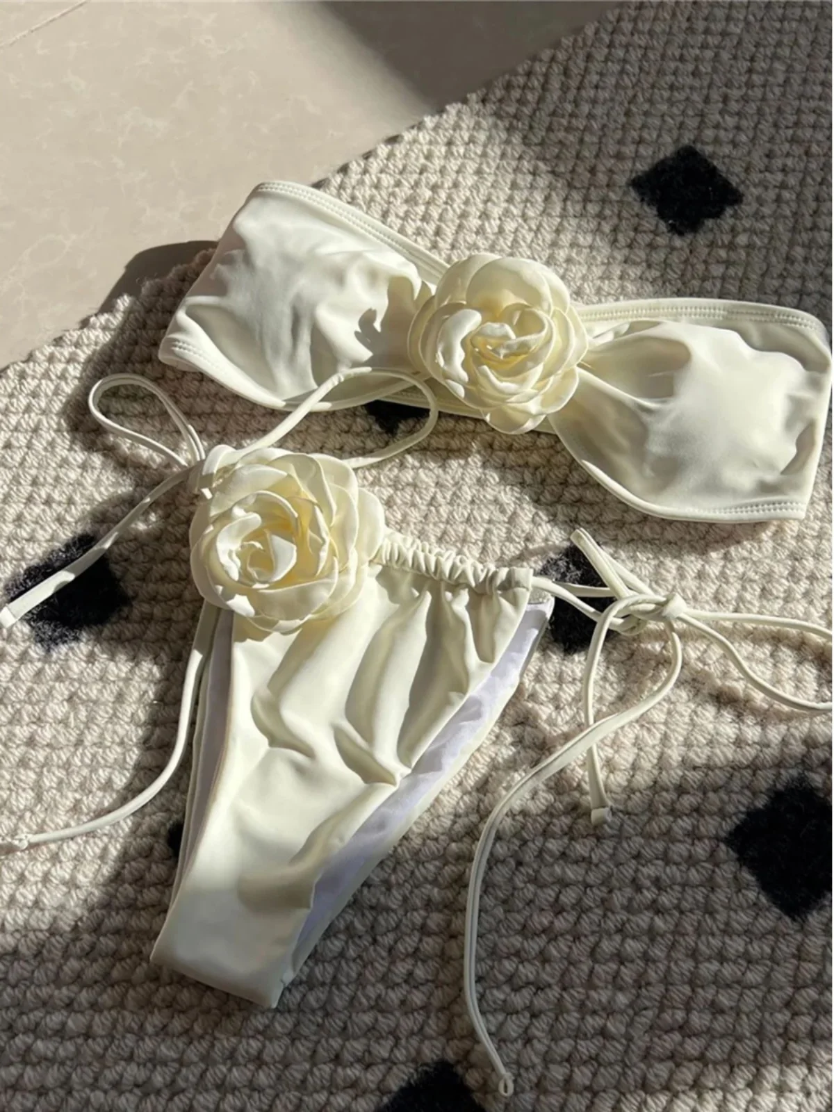 

Pure Color Rose Dstring Strap Bikini Split Swimsuit Women's Summer Casual Sport Suit Two-Piece Set ort Sve orts