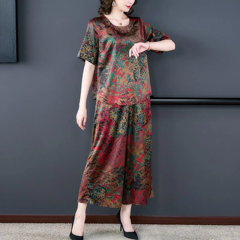 

Summer Ice Silk New Large Size 8XL Middle aged and Elderly Mom Loose and Slim Wide Leg Pants Set for Women Two-Piece Set Print