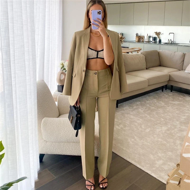 Ardm Fashion пальто женское весна 2022 Long Sleeve Pockets Notched Slim Blazer Women Casual Khaki Office Ladies Outerwear Tops