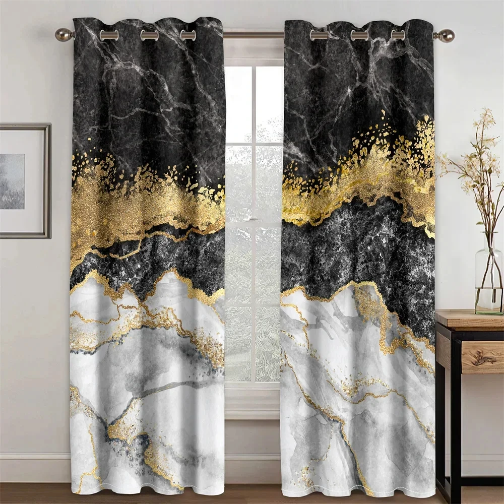 3D Modern Black Gold Abstract Art Marble Elegant Design 2 Pieces Thin Shading Window Drape Curtain for Living Room Bedroom Decor