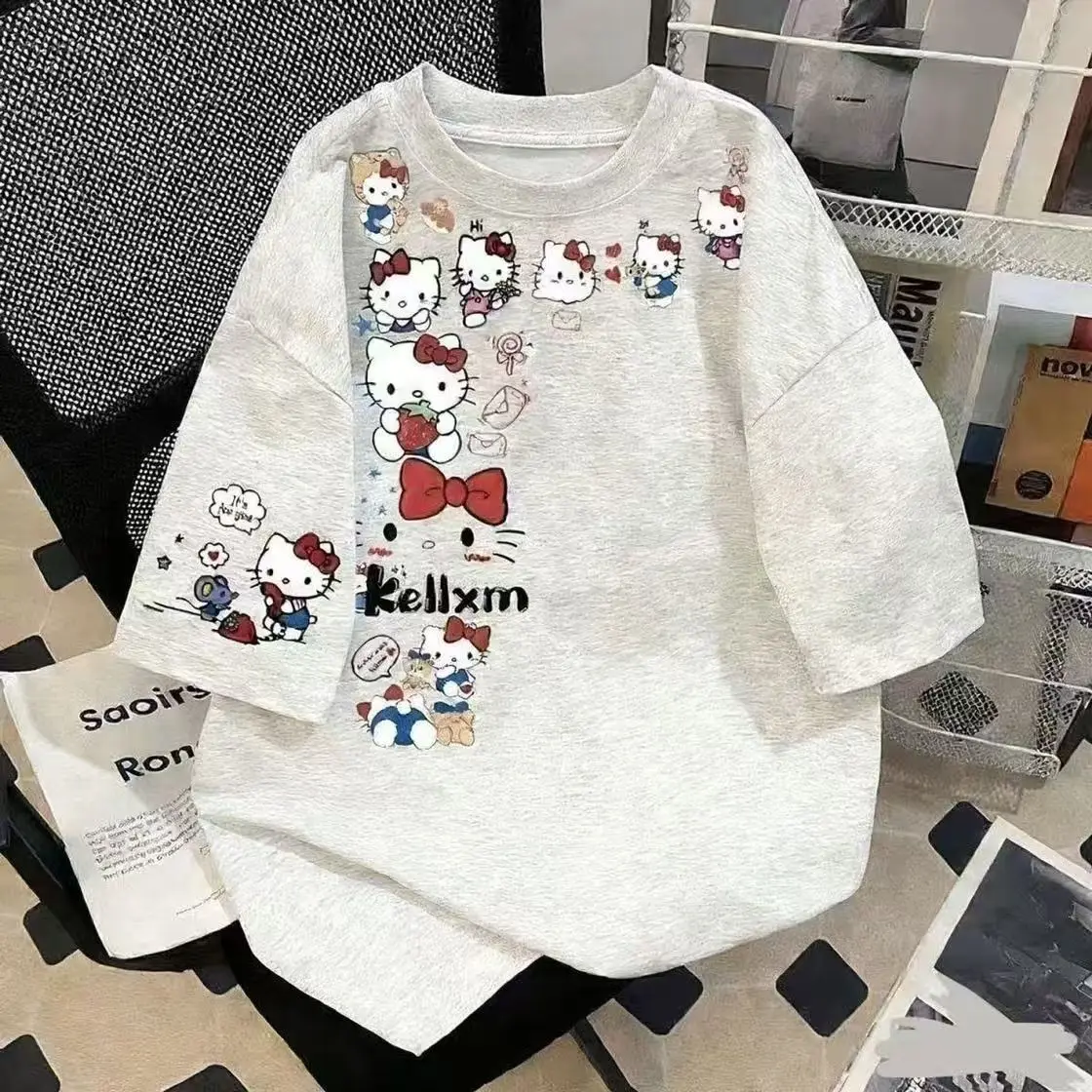 

Cute Style Kitty Printed Short Sleeved T-shirt for Male and Female Students Versatile and Slimming Top