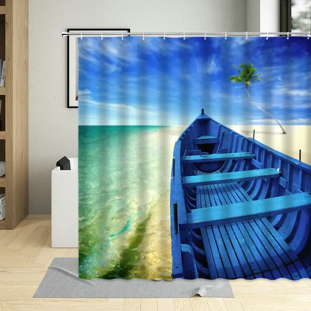 Blauer Himmel Strand Strand Holzboot Landschaft Badezimmer Dekor Dämmerung Schiff Dusch vorhang Polyester Stoff Vorhänge mit 12 Haken
