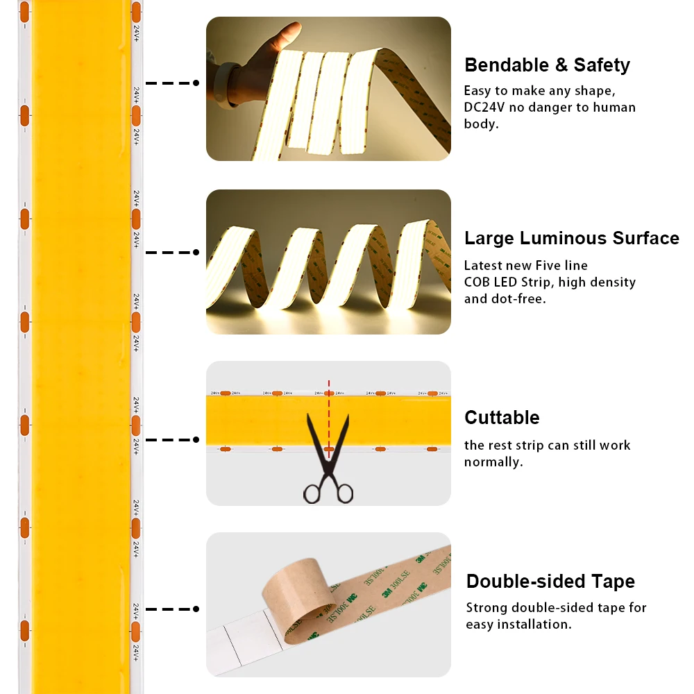 Imagem -06 - Fita de Led Cob Flexível Super Brilhante Fileiras 4300lm m Alta Densidade 1600 Leds m Fita Led Regulável Ra90 3000k 4000k 6500k Dc24v