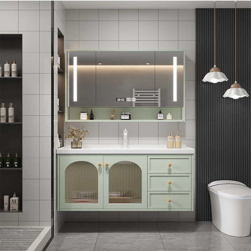 

green smart mirror cabinet large capacity French simple bathroom vanity unit and sink aesthetic muebles baño bathroom furniture