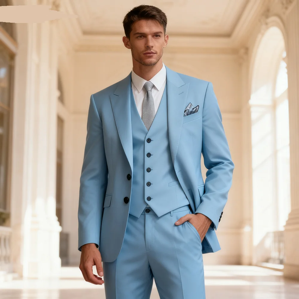 

Rose Red 3 Piece Men's Groom Tuxedo Slim Fit Business Suit with Double Breasted Blazer Vest And Pants for Wedding Party