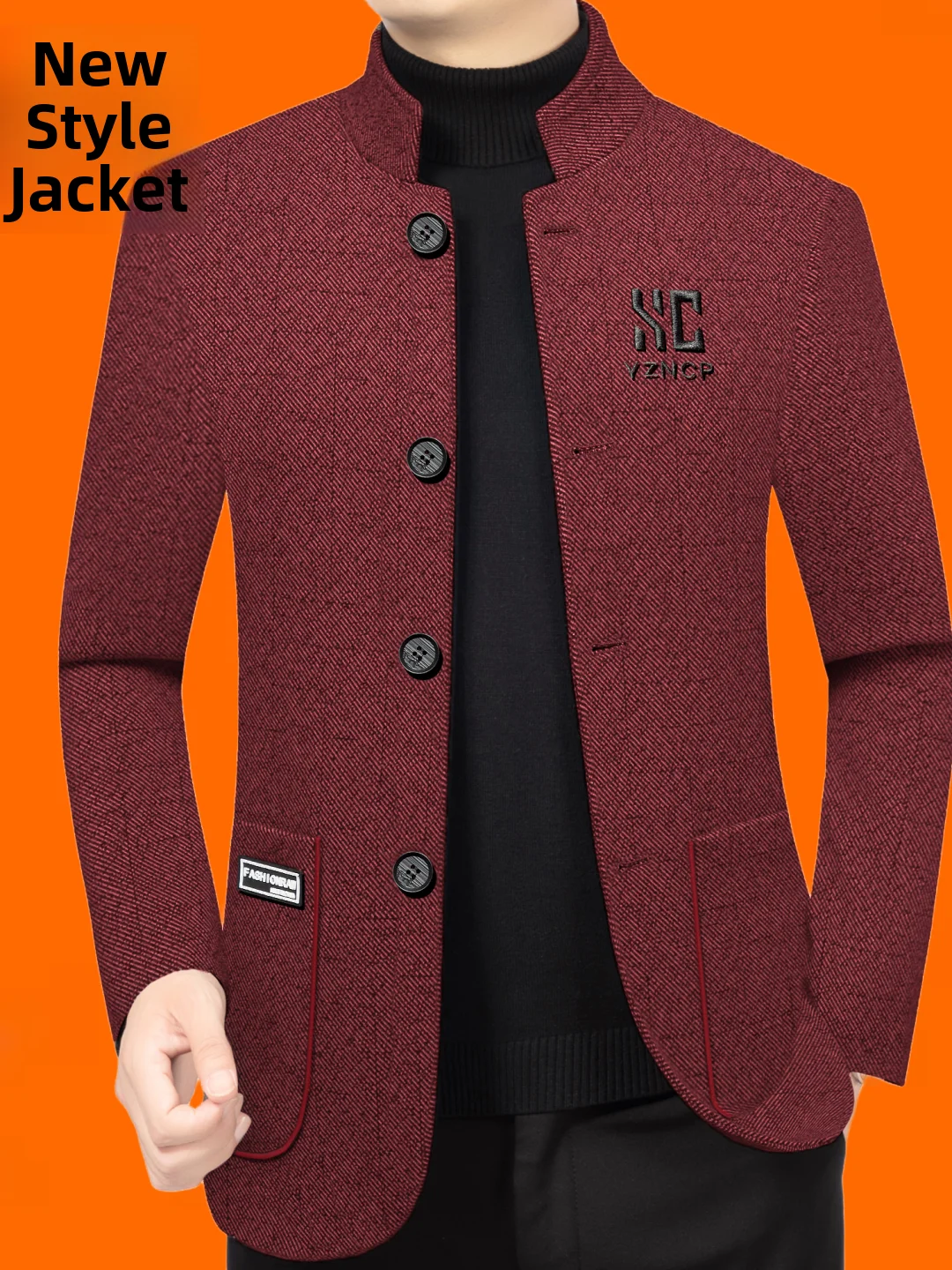 

Men's Woolen Suit Jacket Anti-Wrinkle Washed without Ironing Stand Collar Spring Autumn Fashion Urban Business Casual Style