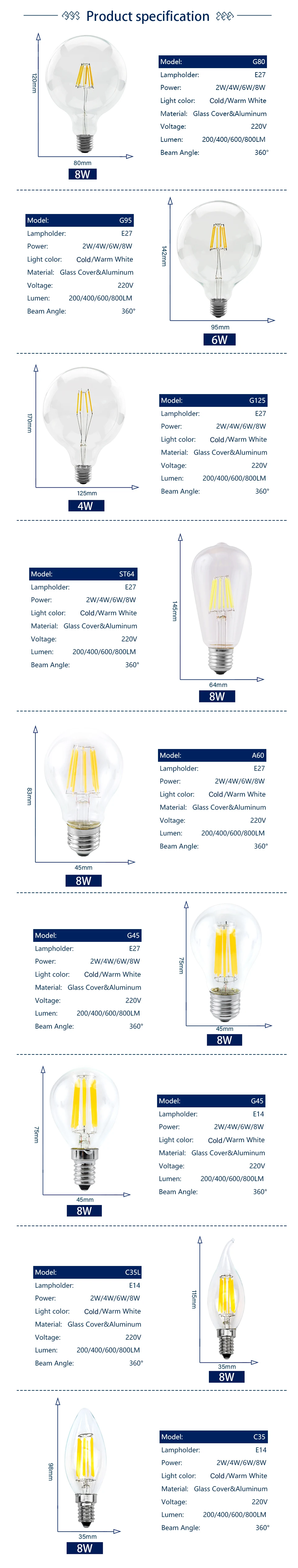 2Pcs E14 LED Bulb E27 220V Filament Light A60 C35 ST64 G80 G95 Edison Glass Bulb Retro Antique Vintage Style Cold White Warm