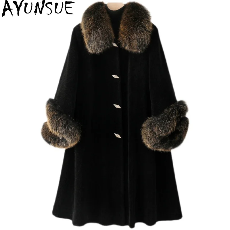 

AYUNSUE Winter Jacket Women Clothing Fashion Fox Collar Fur Coat Warm Mid-length Fur Coat Female Fox Fur Pacthwork Fur Jackets