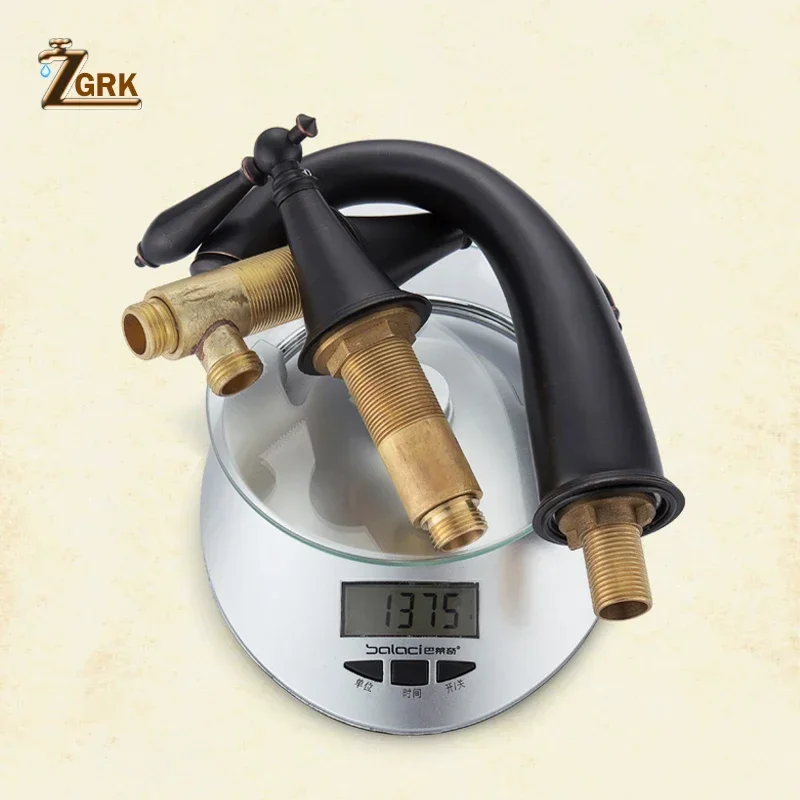 ZGRK Basin Faucets Brass Black Deck Mounted Bathtub Mixer Faucet Widespread Three Hole Bath faucet Set Double Handle Water Tap