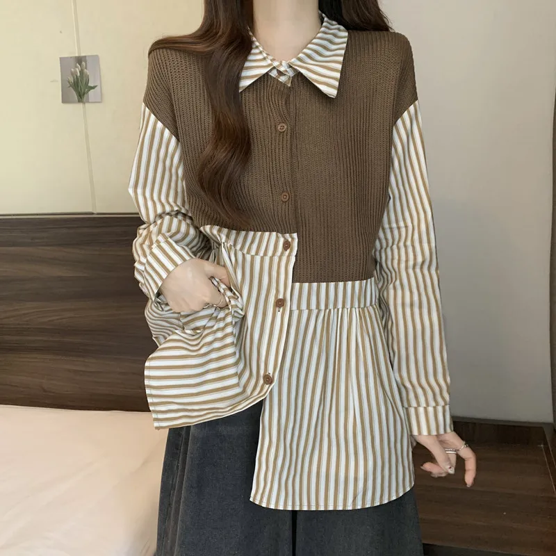 

SuperAen 2024 Spring New Loose Stripe Knitted Spliced Fake Two Piece Shirts Women Tops