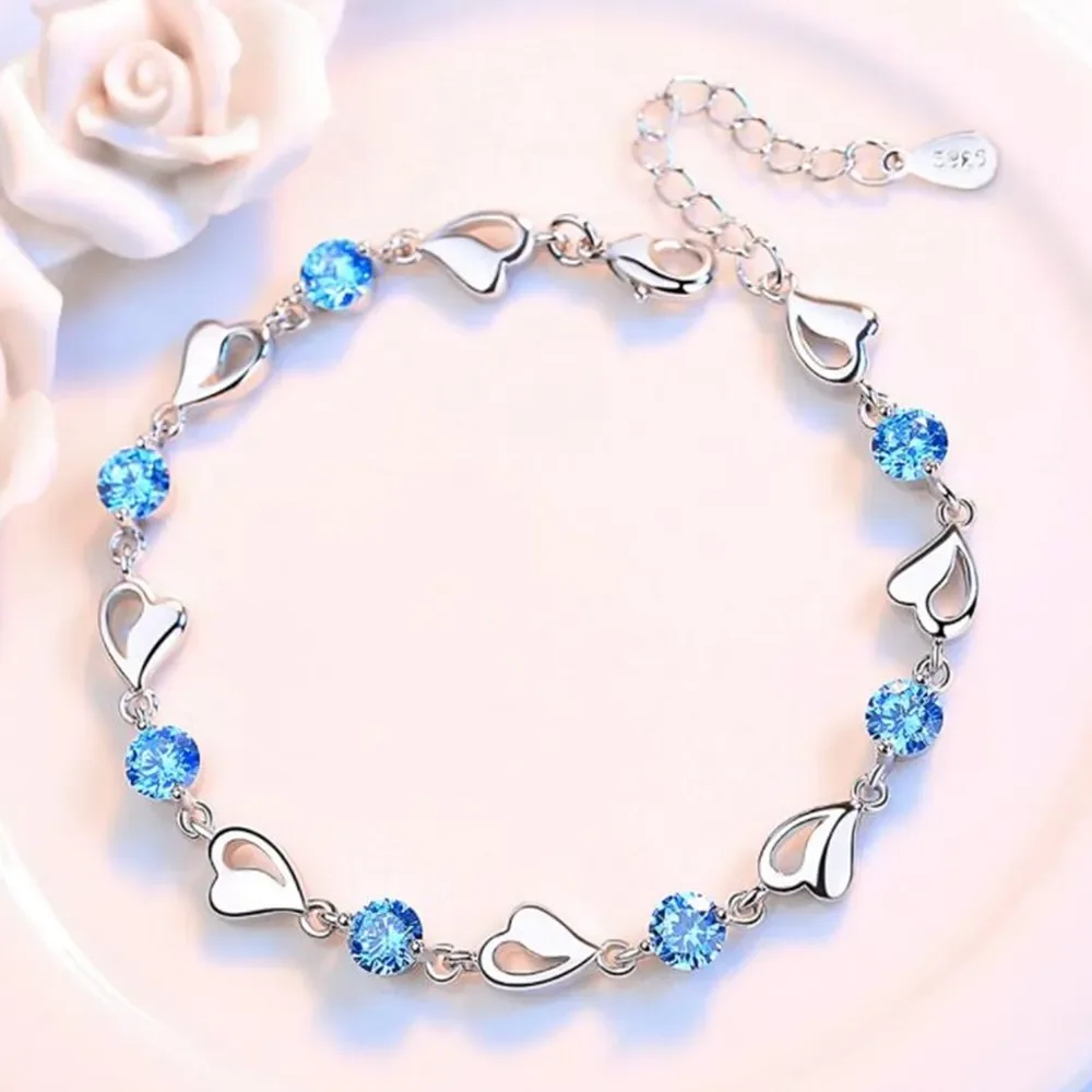 New 925 Sterling Silver White Purple Shaped Cubic Zirconia Bracelets for women Jewelry Wedding Accessories Length 17CM+4CM