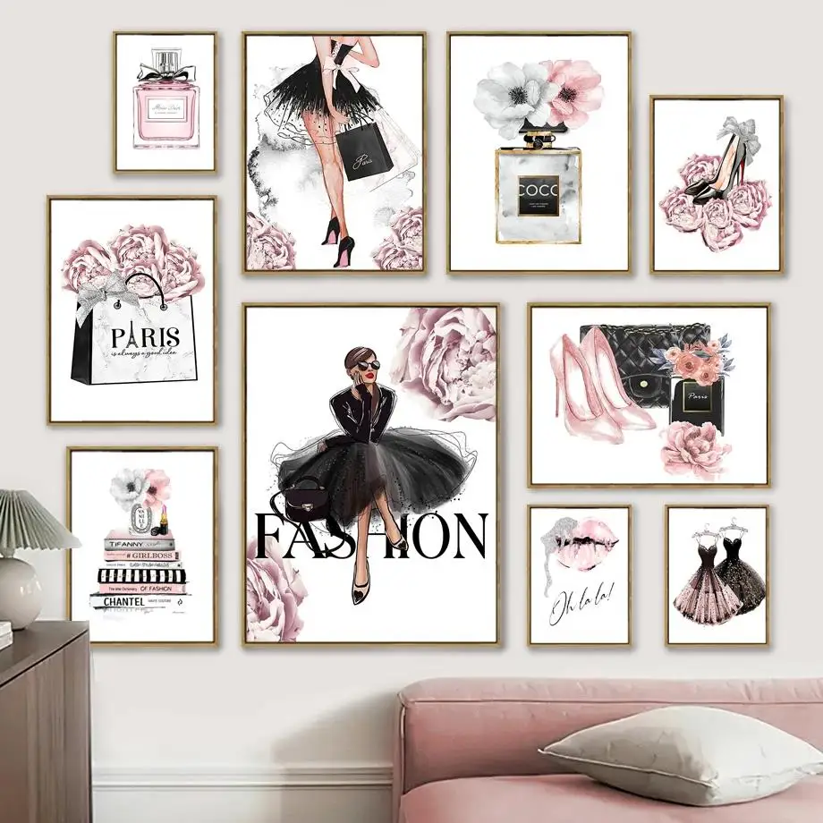 Pictures Pink Flower Sexy Lip Make Up Girls Wall Art Canvas Paintings for Nordic Room Decor Fashion Woman Perfume Poster Prints