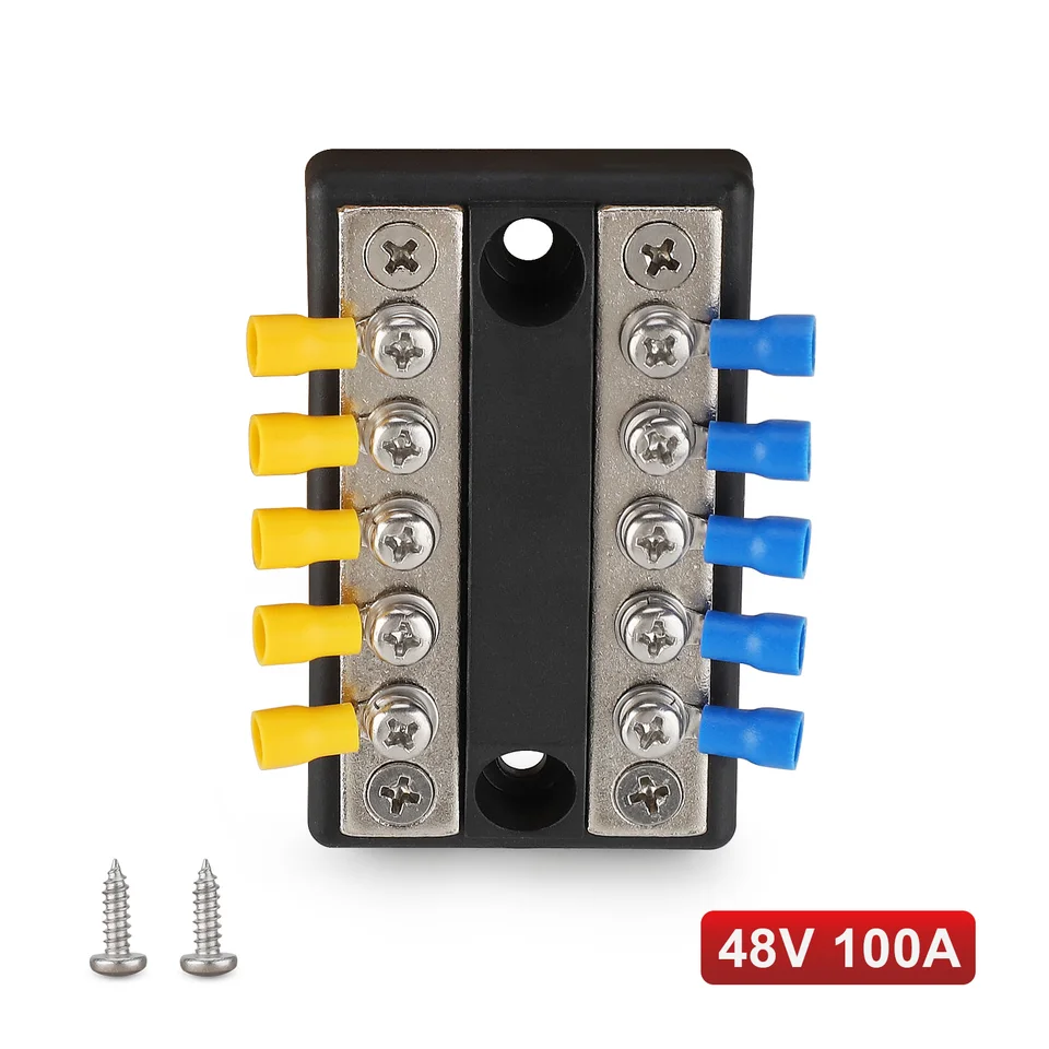 Verminkt Stroomverdeelblok – 48V DC, 250A, Vernikkeld Messing, Met Nylon Afdekking, Voor Boot, Caravan En Auto