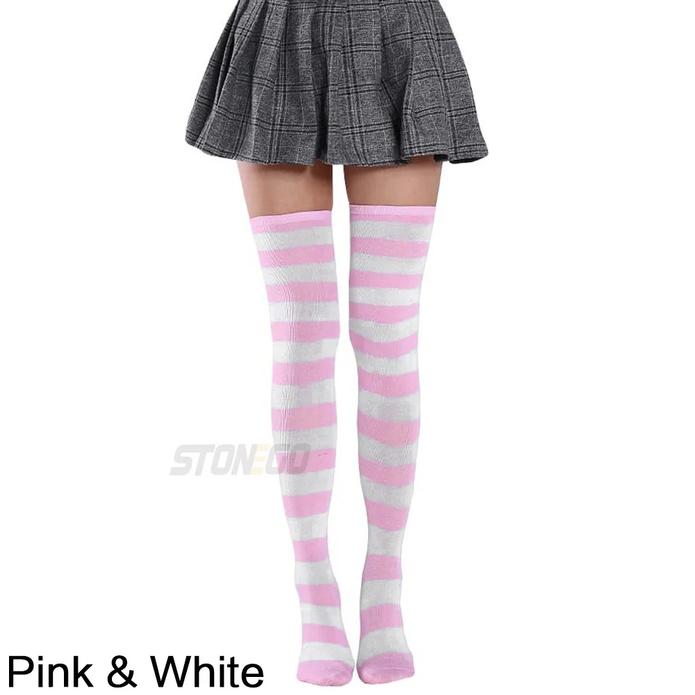 Fashion Lady Over Knee Long Stripe Printed Stockings Thigh High Striped Patterned Cotton Socks Skarpetki na Boże Narodzenie