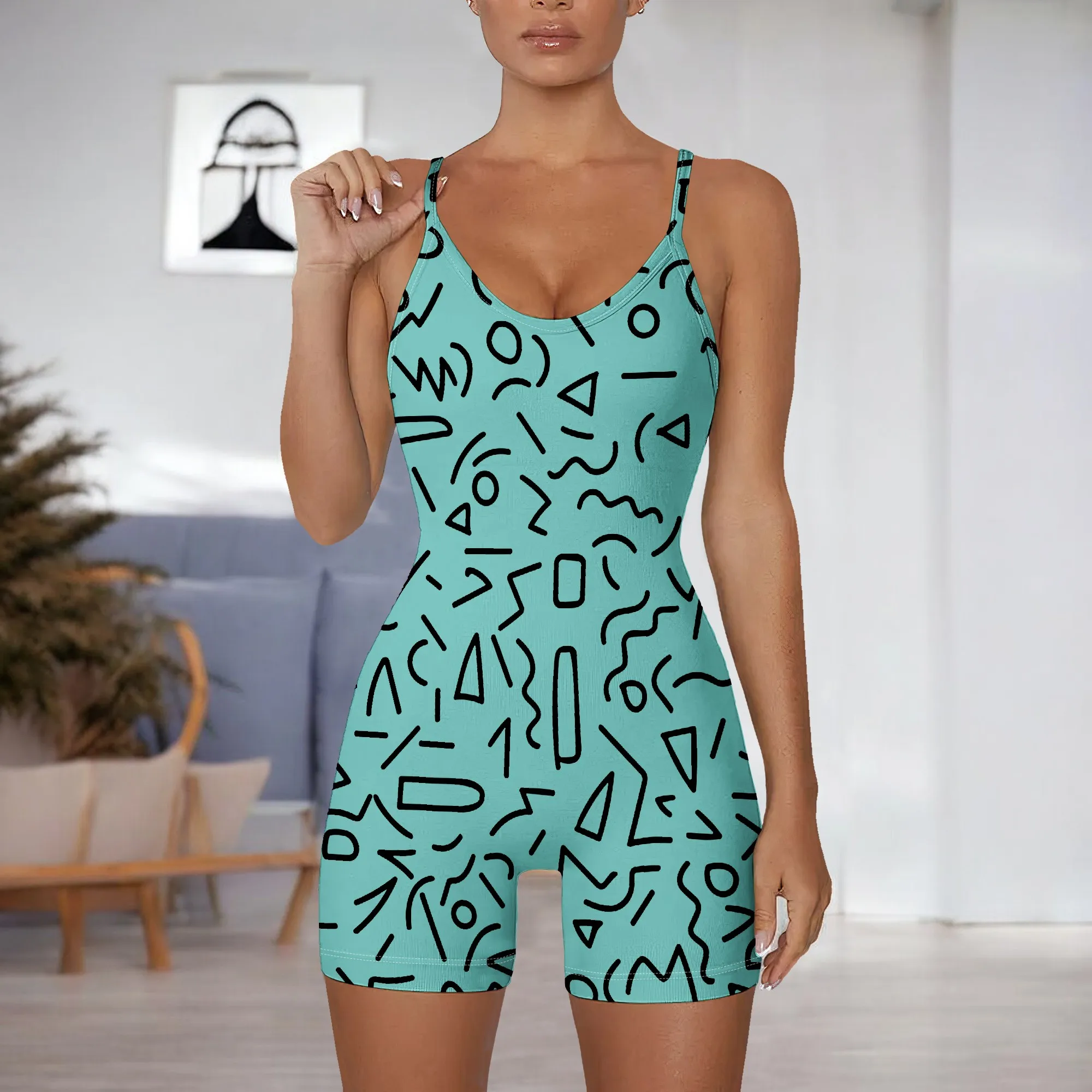 Yellow Geometric Print Romper Women Sleeveless Strappy Jumpsuit Summer Casual Playsuit