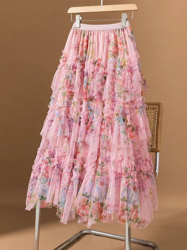 Unique Beautiful Floral Half Skirt Women's plus Size Summer High Waist Slimming Belly Covering Anti-Aging A-Line Cake Long Skirt
