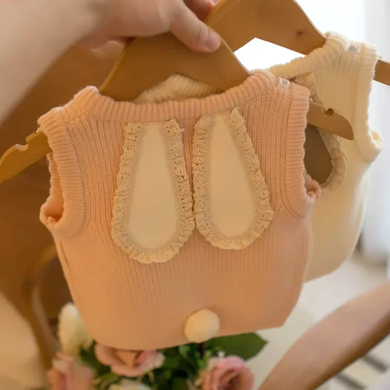

Ins Autum New Children Girls Sweater Candy Color Rabbit Ears Baby Girl Vest Versatile Warm Velvet Sleeveless Kid Girl Knitwear