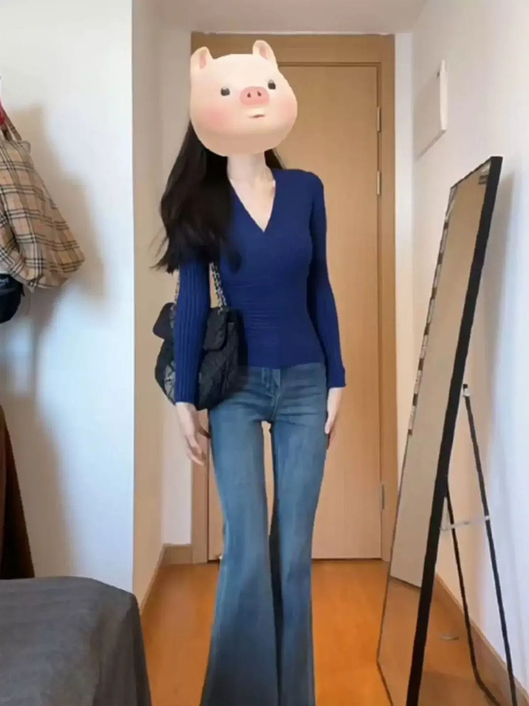 الأزرق V-Ne الصليب طويل Sve محبوك قاعدة irt المرأة سليم صالح ملابس داخلية لباس خارجي سترة علوية لخريف شتاء