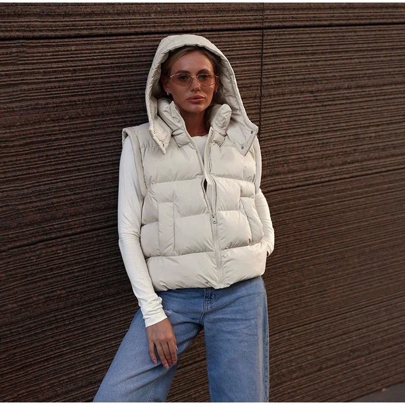 Damen-Wintermäntel, abnehmbare Weste mit langen Ärmeln, wattierte Jacken mit Kapuze, Street-Lady-Stil, Stehkragen, Reißverschluss, lockere Passform, neue Oberbekleidung. – Detail 13