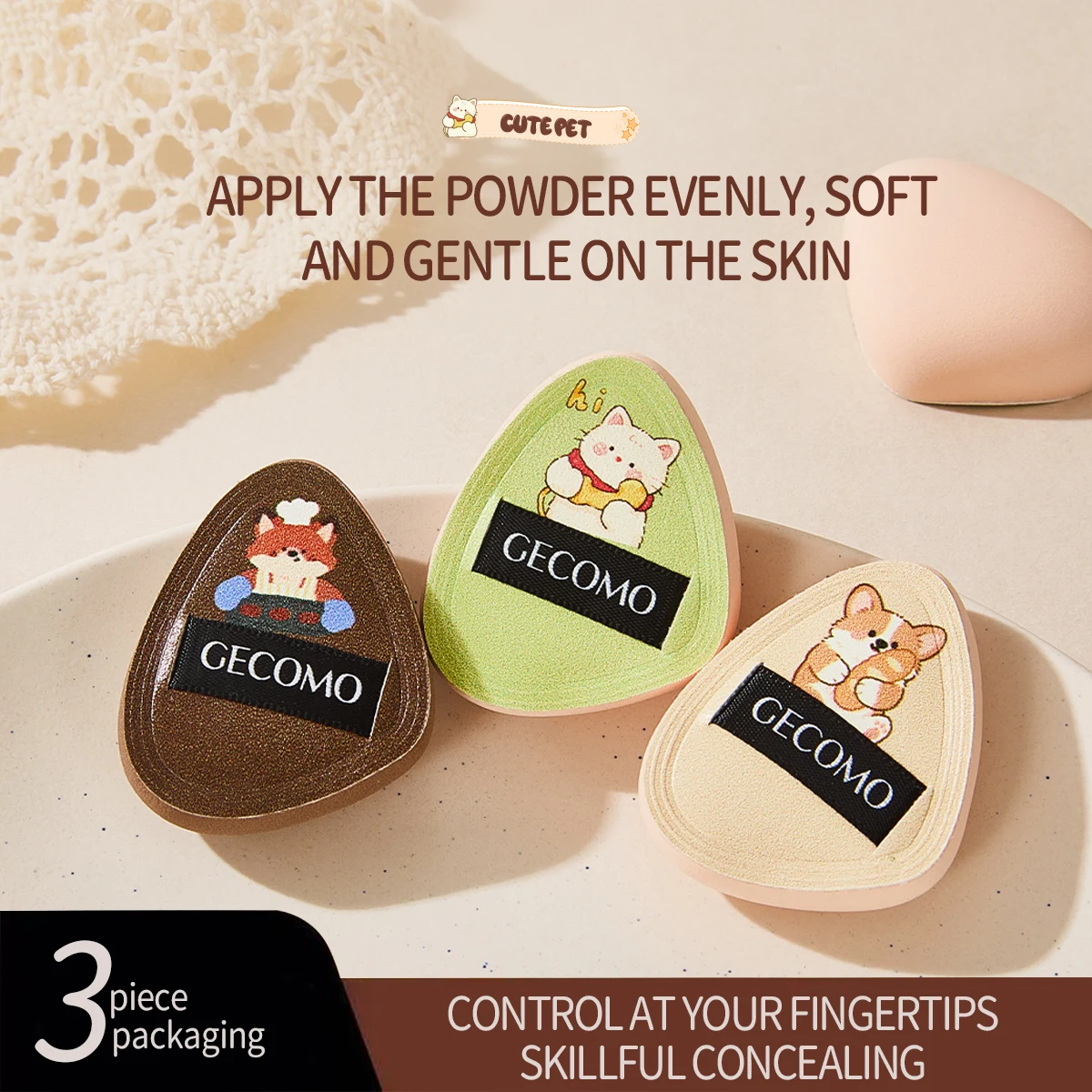 GECOMO Mini houppettes de maquillage pour doigts, 3 pièces, super douces, pour anticernes, fard à joues, illuminateur et maquillage précis