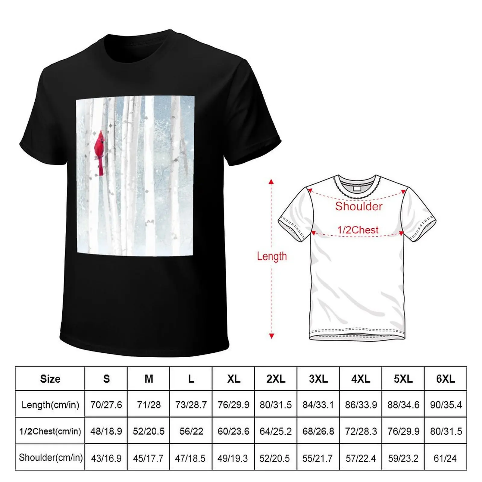 Watercolor Red Cardinal Bird Winter Birch Forest T-Shirt Work Wear Simple Tee Shirt