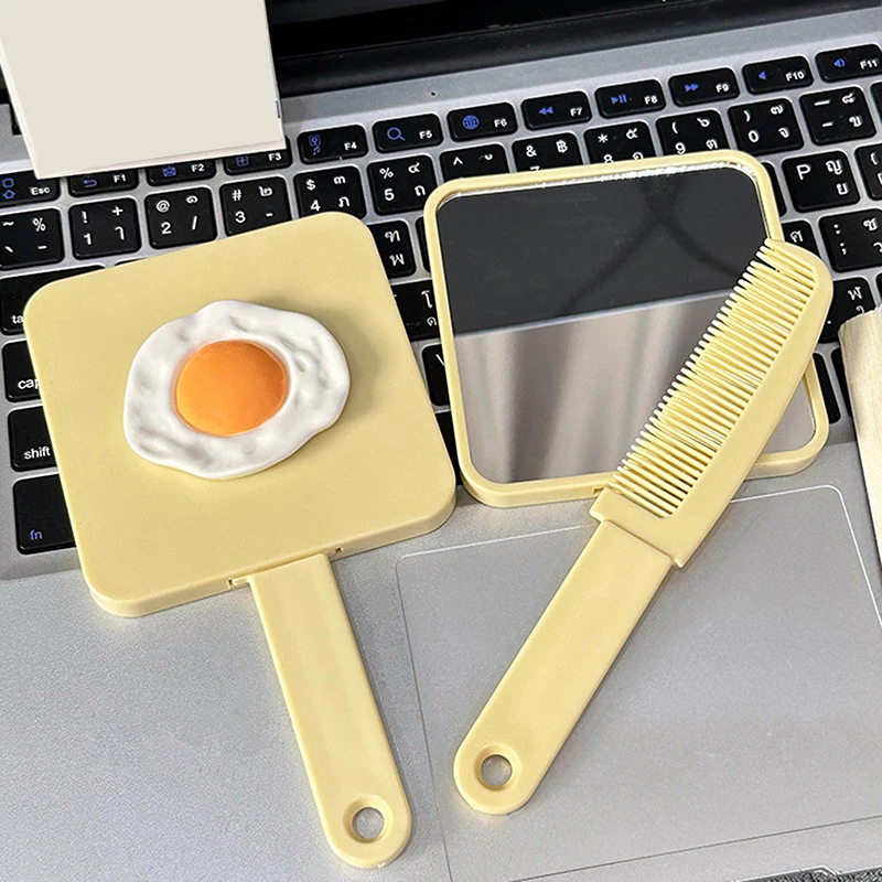 Handle Mirror Comb Portable Poached Egg Handle Mirror Yellow Quadrate Mirror Makeup Mirror With Comb For Girl Gift Makeup Tool