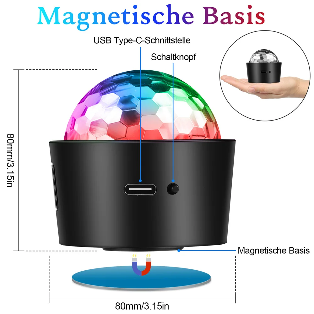 Luz de ambiente LED RGB para escenario, bola mágica pequeña de cristal, luz de DJ portátil para coche, carga USB, Control de sonido activado por