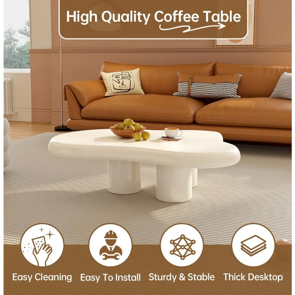 Cloud Coffee Table, Modern White Coffee Table for Living Room, Cute Irregular Indoor Tea Table with 3 Legs