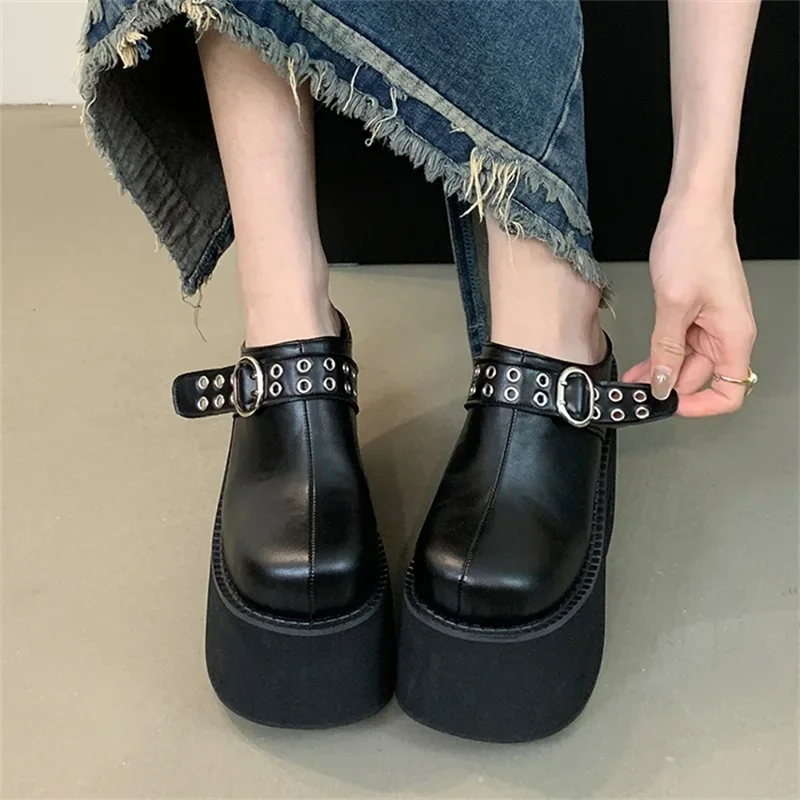 Eilyken Designer Roman Platform Belt Buckle Women Slippers Fashion Thick Bottom Square High Heels Party Dress Female Shoes