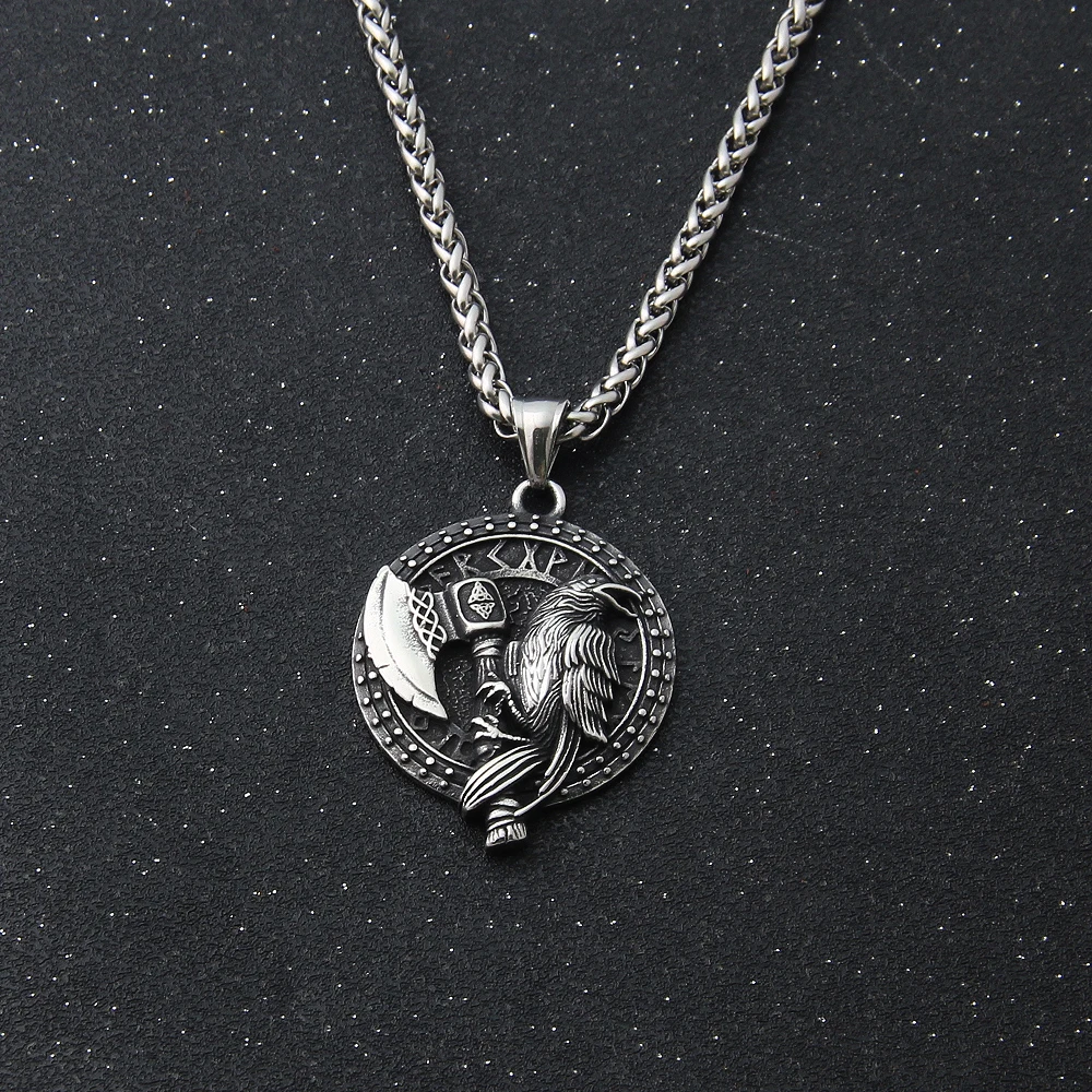 stainless steel Viking Runes Warrior Helmet Round Pendant Necklace for Men Battle Warrior Axe Logo Pendant Rope Chain Jewelry