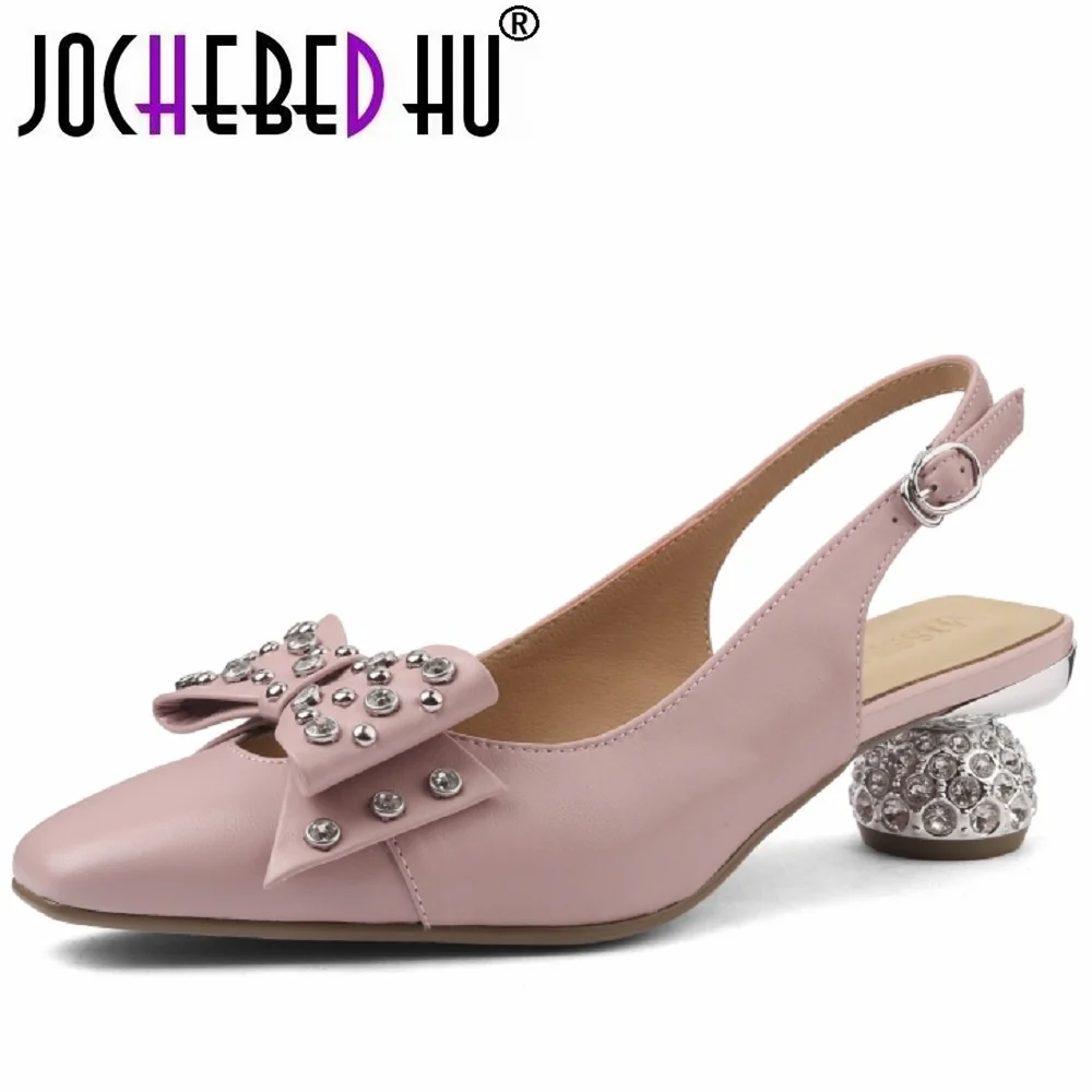 

【JOCHEBED HU】Handmade Brand Genuine Leather Elegant Square Toe High Heels Sandals with Bow Knot Water Diamond Head Cover
