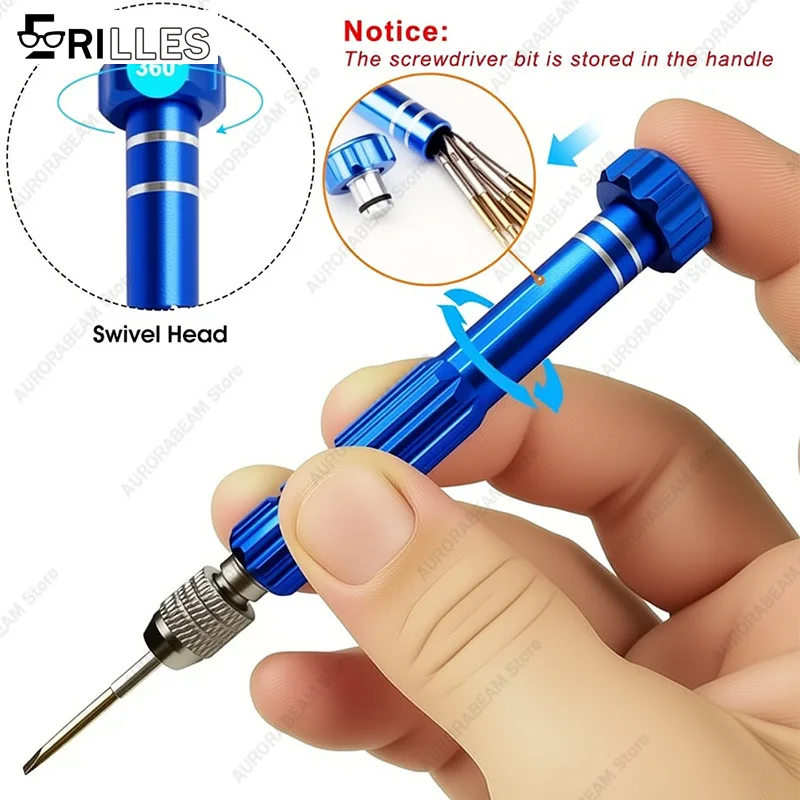 5-in-1 Multifunctional Small Screwdriver Kit Repair Tool for Eyeglass/Electronics/Watch/Jewelry, Magnetic PortableTips, Portable