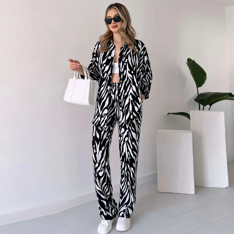 Print Shirt and Pants Set Long Sleeve Top Casual Wide Leg Pants Oversized Women Two Piece Sets Outfits 2024 Summer Trouser Suits