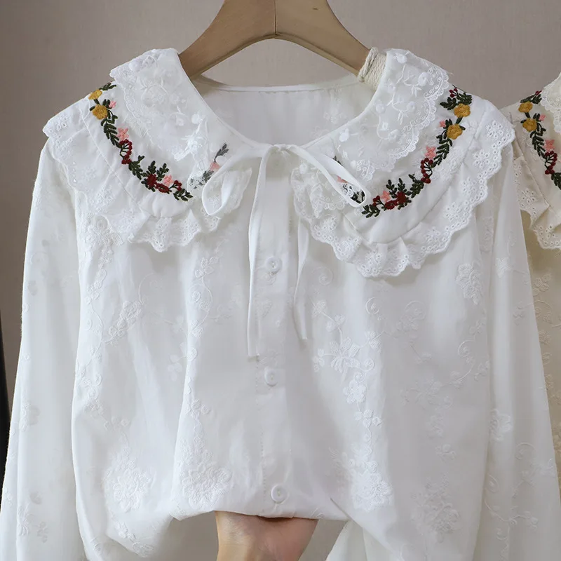 

Корейская рубашка с вышивкой и воротником-куклой, женская, свободного кроя, с длинным рукавом, хлопковая, весенняя новинка, молодежная мода