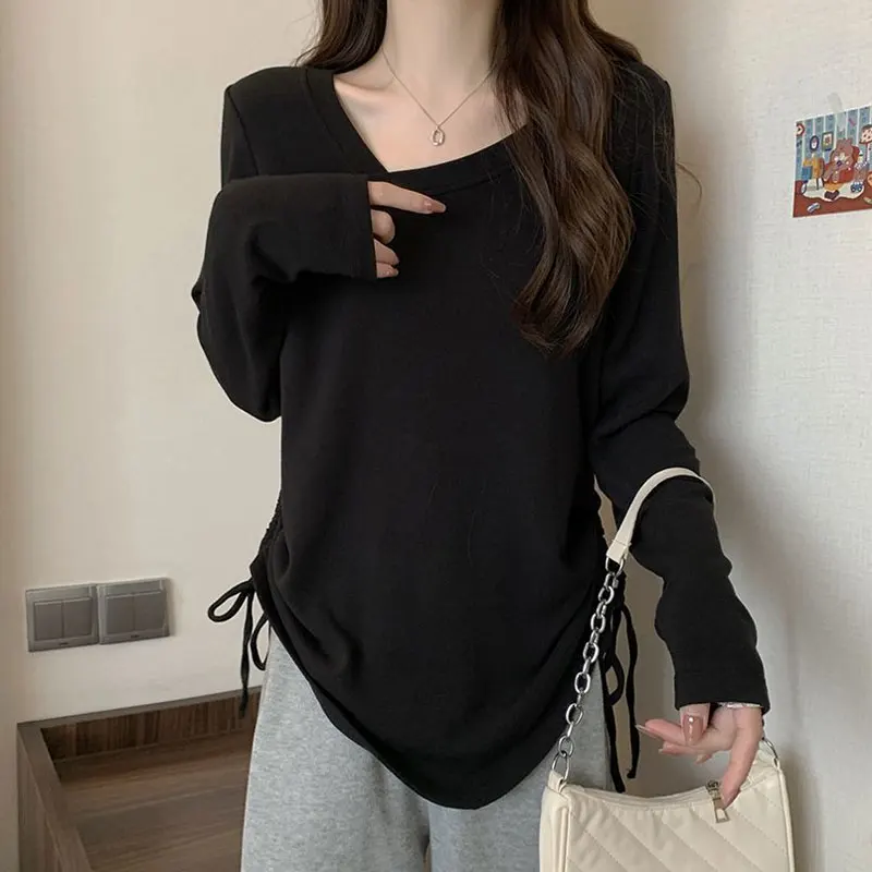 Stylish Skew Collar Loose Pullovers Women's Clothing Shirring Drawstring Spring Autumn Solid Color Casual Long Sleeve T-shirt